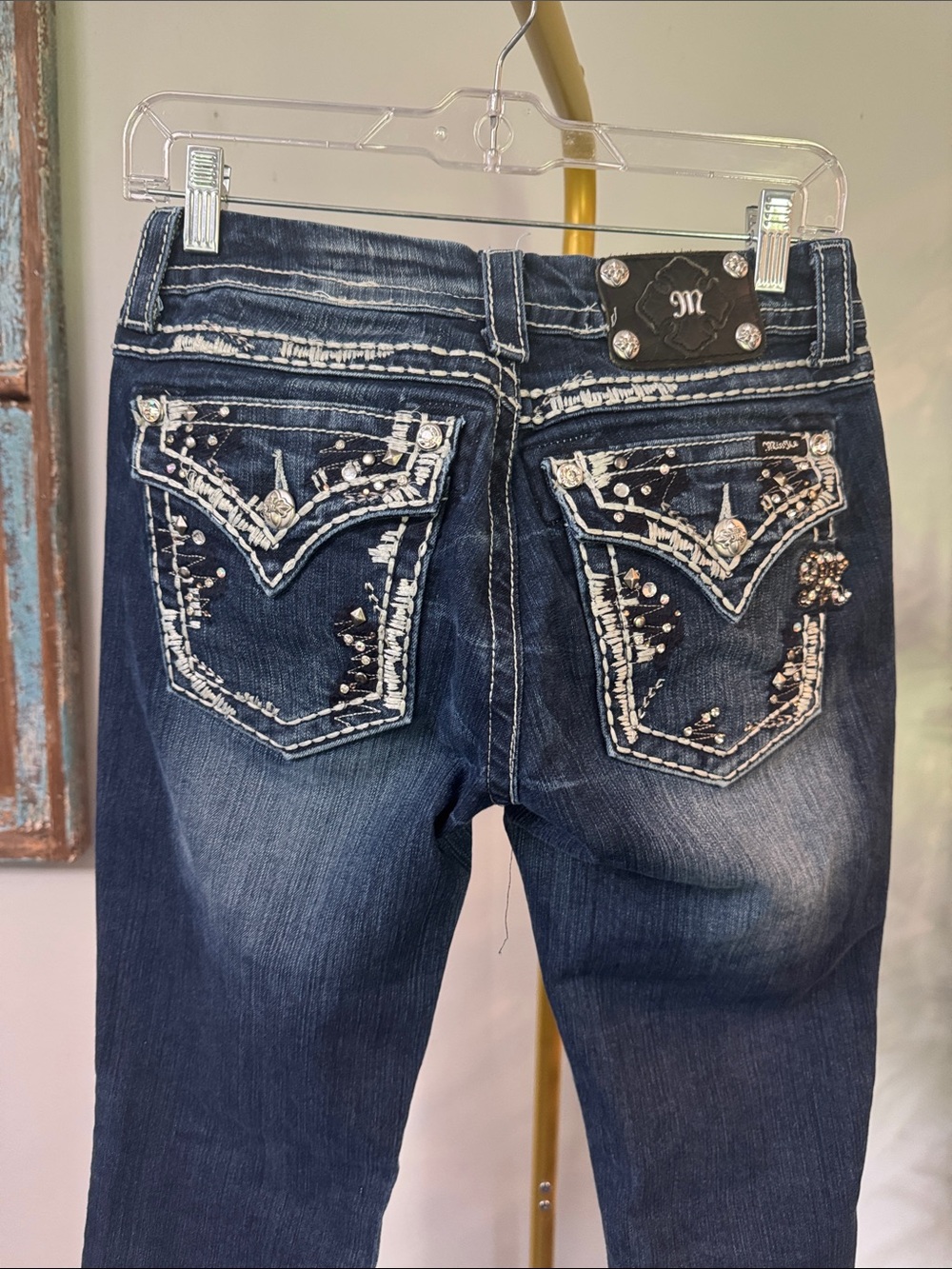 Miss Me slim boot heavy stitch Dark Blue Embellished Skinny Jeans altered 28